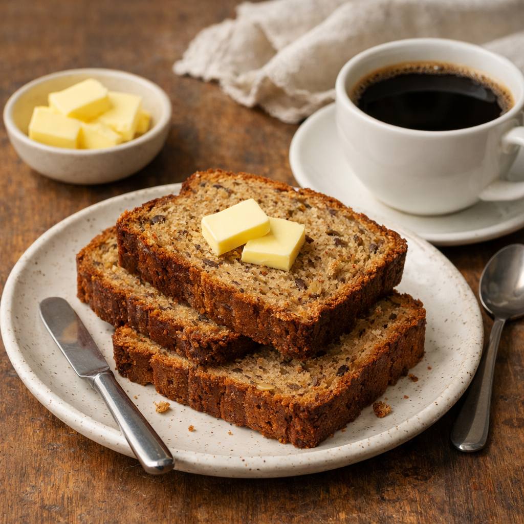 A plate with slices of gluten-free banana bread topped with butter, near a cup of coffee.