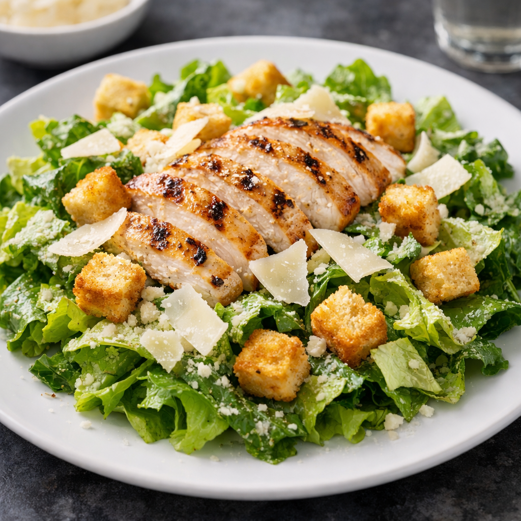 A Classic Caesar Salad with sliced grilled chicken, croutons, and Parmesan cheese on a white plate.