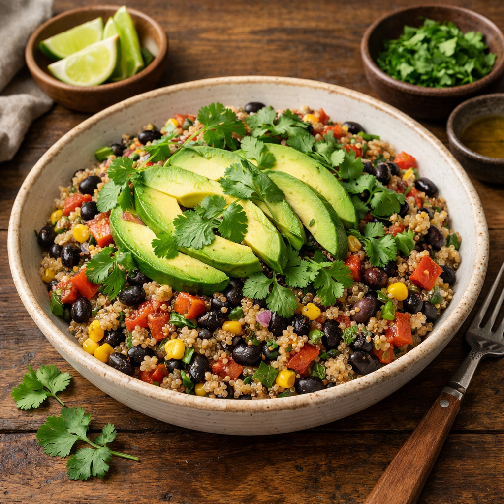 A delicious Quinoa and Black Bean Salad garnished with fresh avocado and cilantro, served in a rustic bowl.