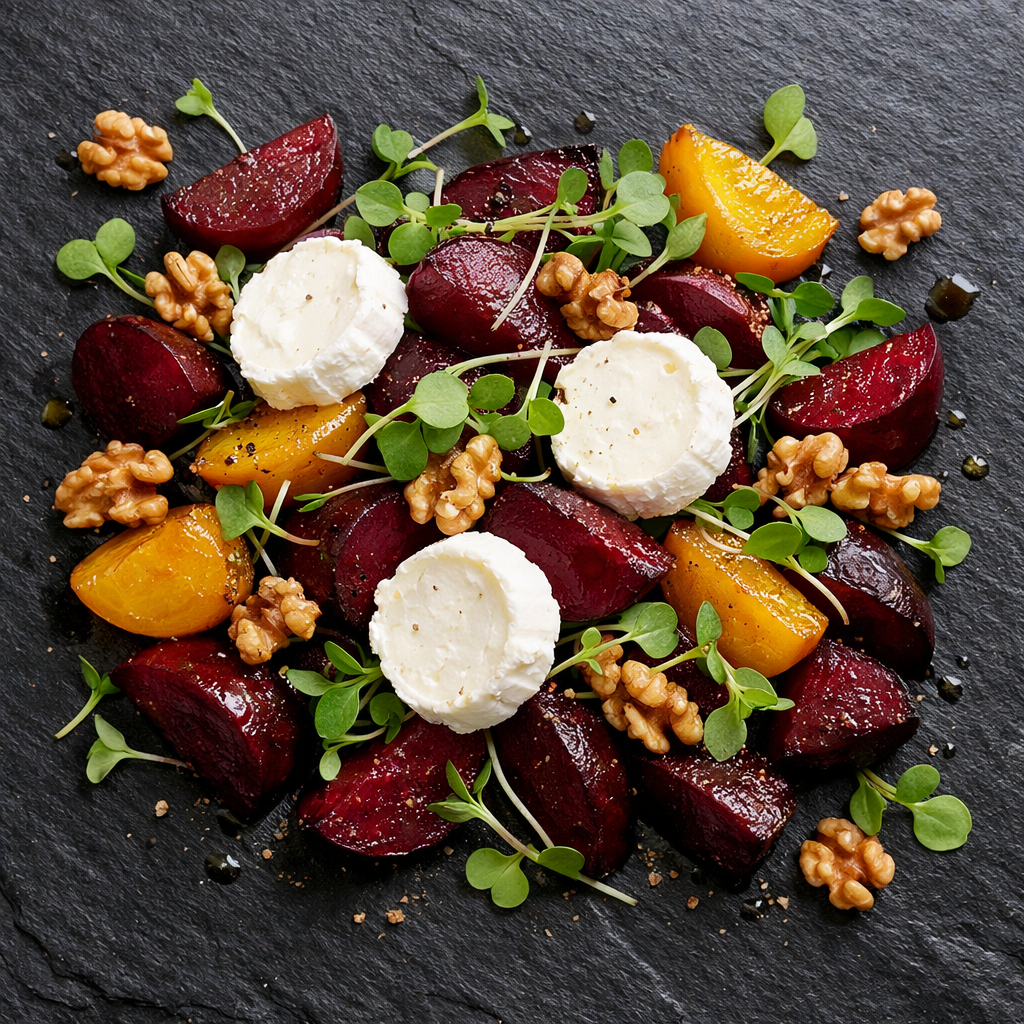A colorful roasted beet and goat cheese salad garnished with walnuts and microgreens on a slate background.