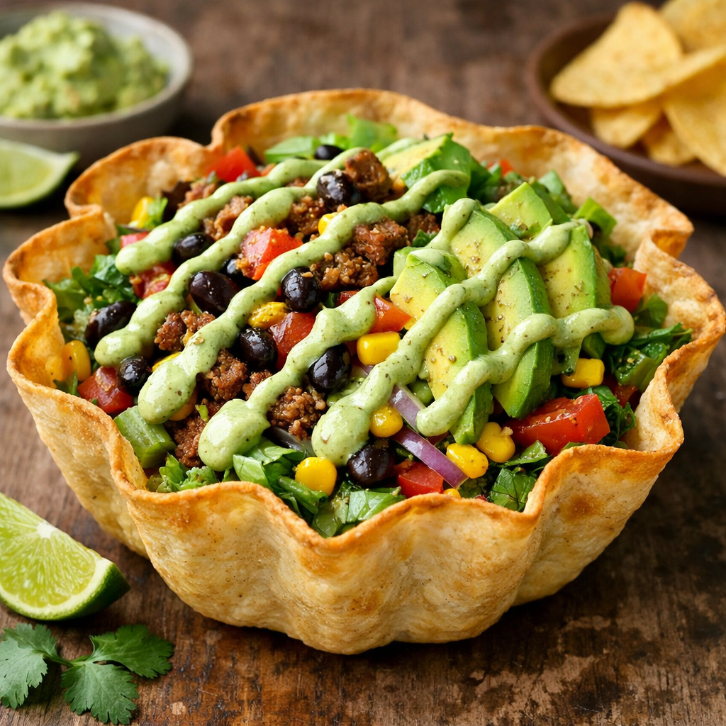 A vibrant taco salad in a tortilla bowl topped with avocado and lime dressing