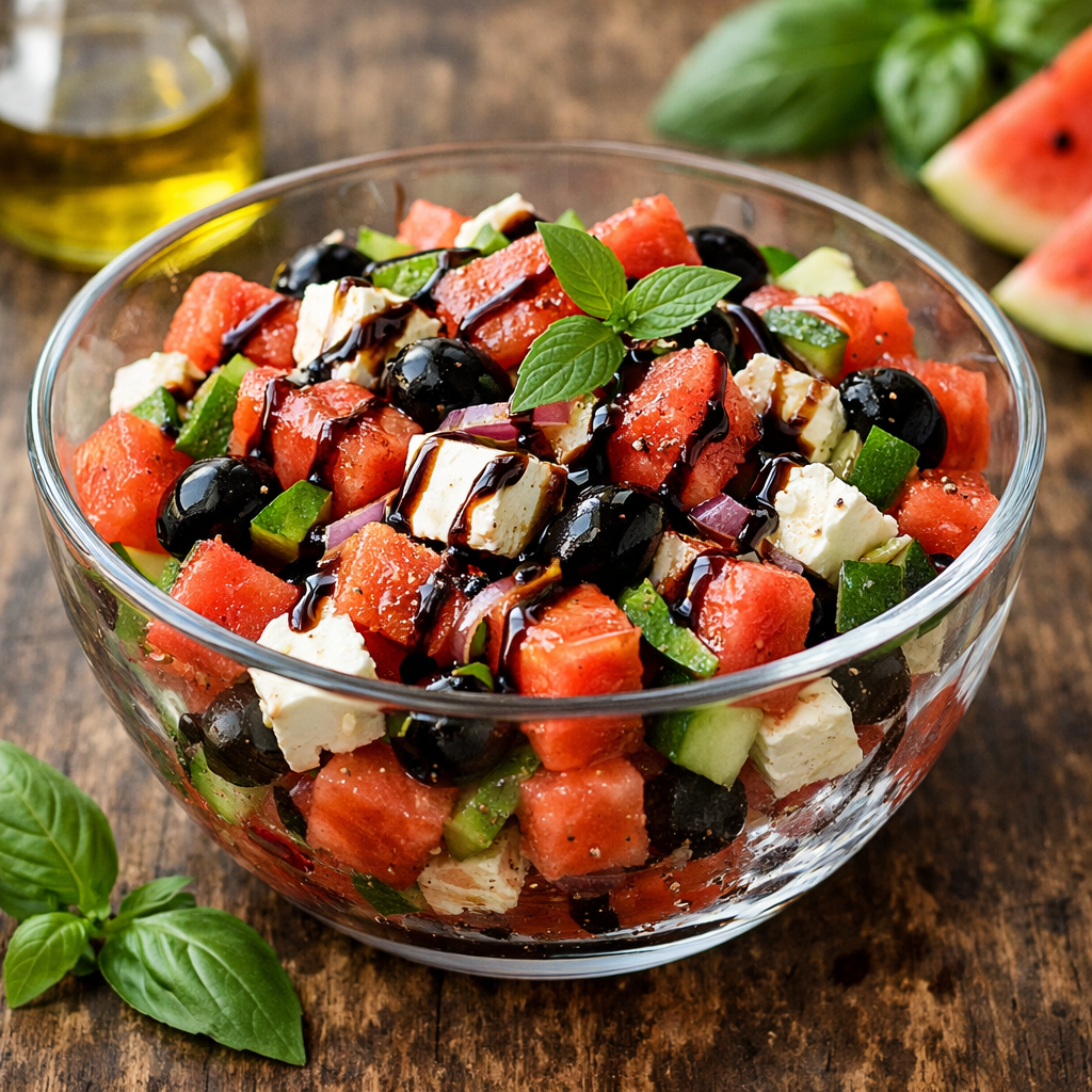A bowl of watermelon and feta salad with ingredients like cucumbers, olives, and bell peppers.
