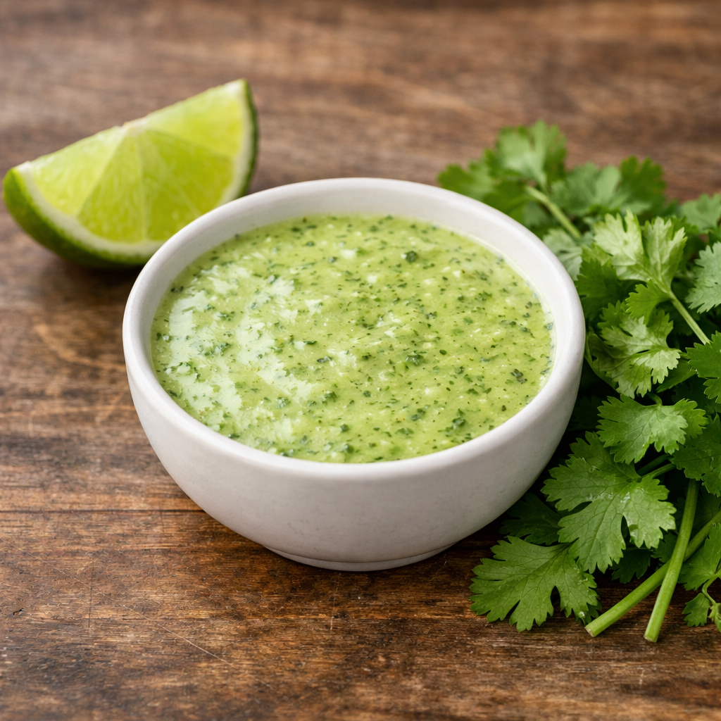 A bowl of fresh cilantro lime dressing with lime and cilantro leaves beside it.