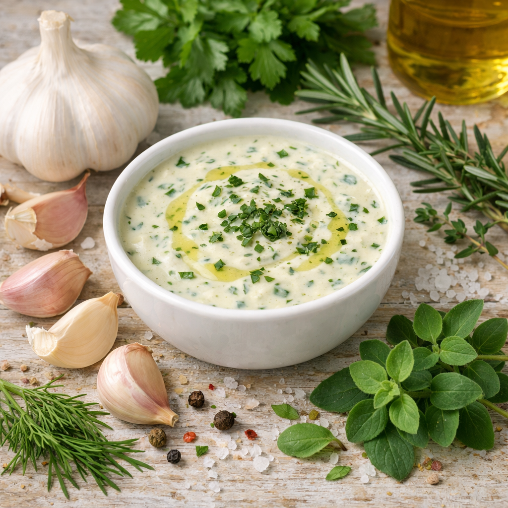 A bowl of garlic herb dressing surrounded by fresh garlic, herbs, and olive oil on a wooden surface.