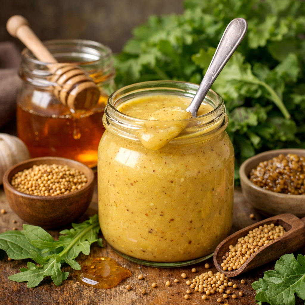 A jar of honey mustard dressing with honey, mustard seeds, and greens in the background.