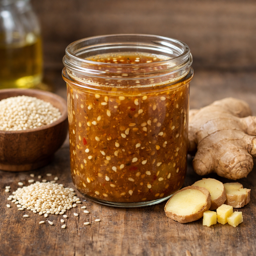 A jar of sesame ginger dressing surrounded by ginger root and sesame seeds.