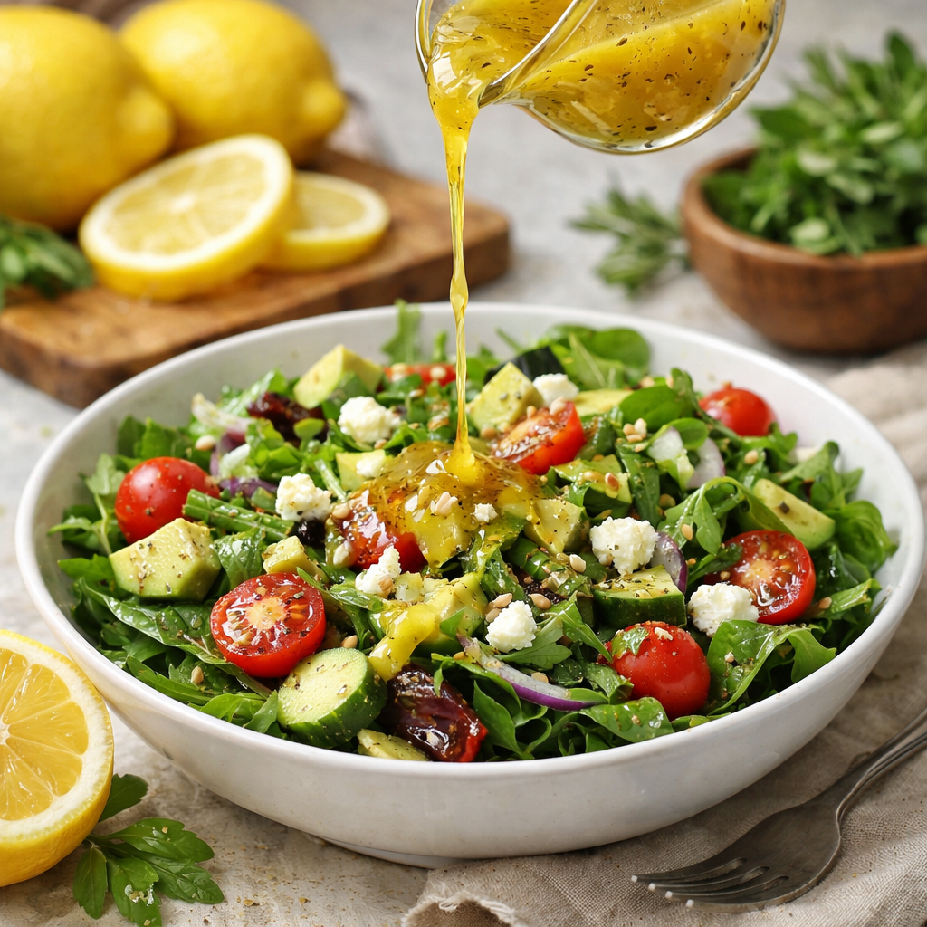 A vibrant salad topped with a homemade zesty lemon vinaigrette, featuring fresh vegetables and a sunny lemon hue.