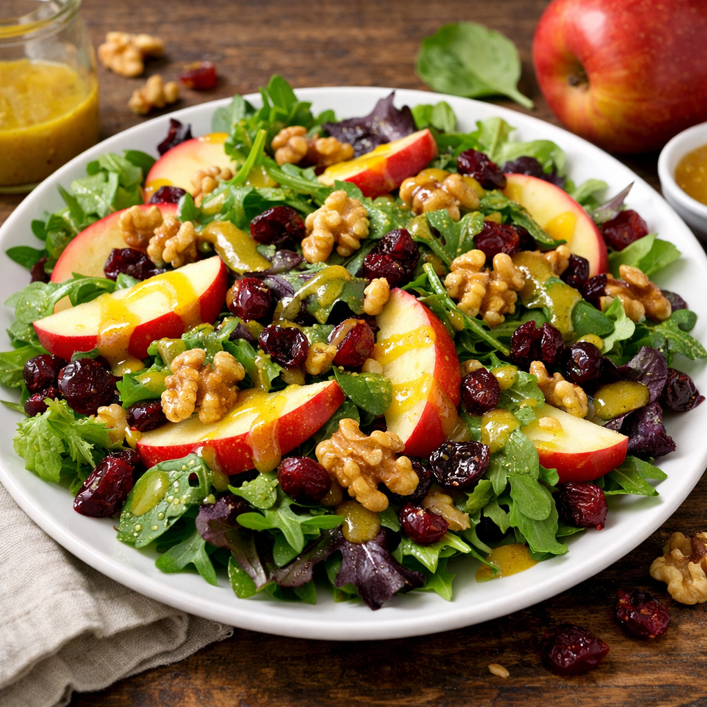 A fresh Apple and Walnut Salad served on a white plate, featuring greens, sliced apples, walnuts, and a light dressing.
