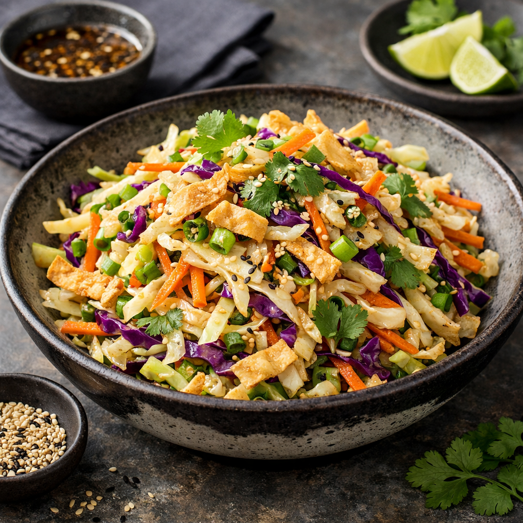 A bowl of colorful Asian slaw topped with sesame seeds and crispy noodles, served with lime wedges.