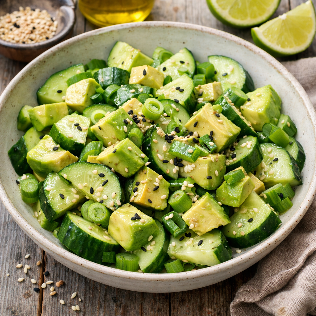 Cucumber and Avocado Salad with sesame seeds and lime
