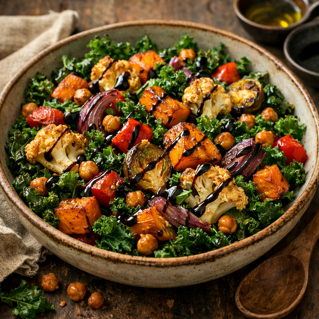 A colorful roasted vegetable and kale salad in a bowl, featuring butternut squash, cauliflower, red bell pepper, and chickpeas.