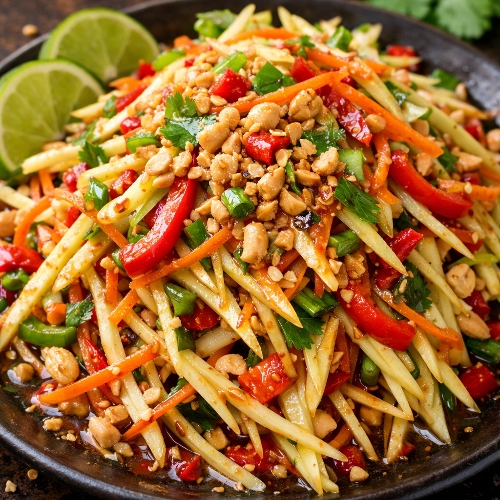 A colorful Thai Mango Salad with mango, bell peppers, carrots, and peanuts.