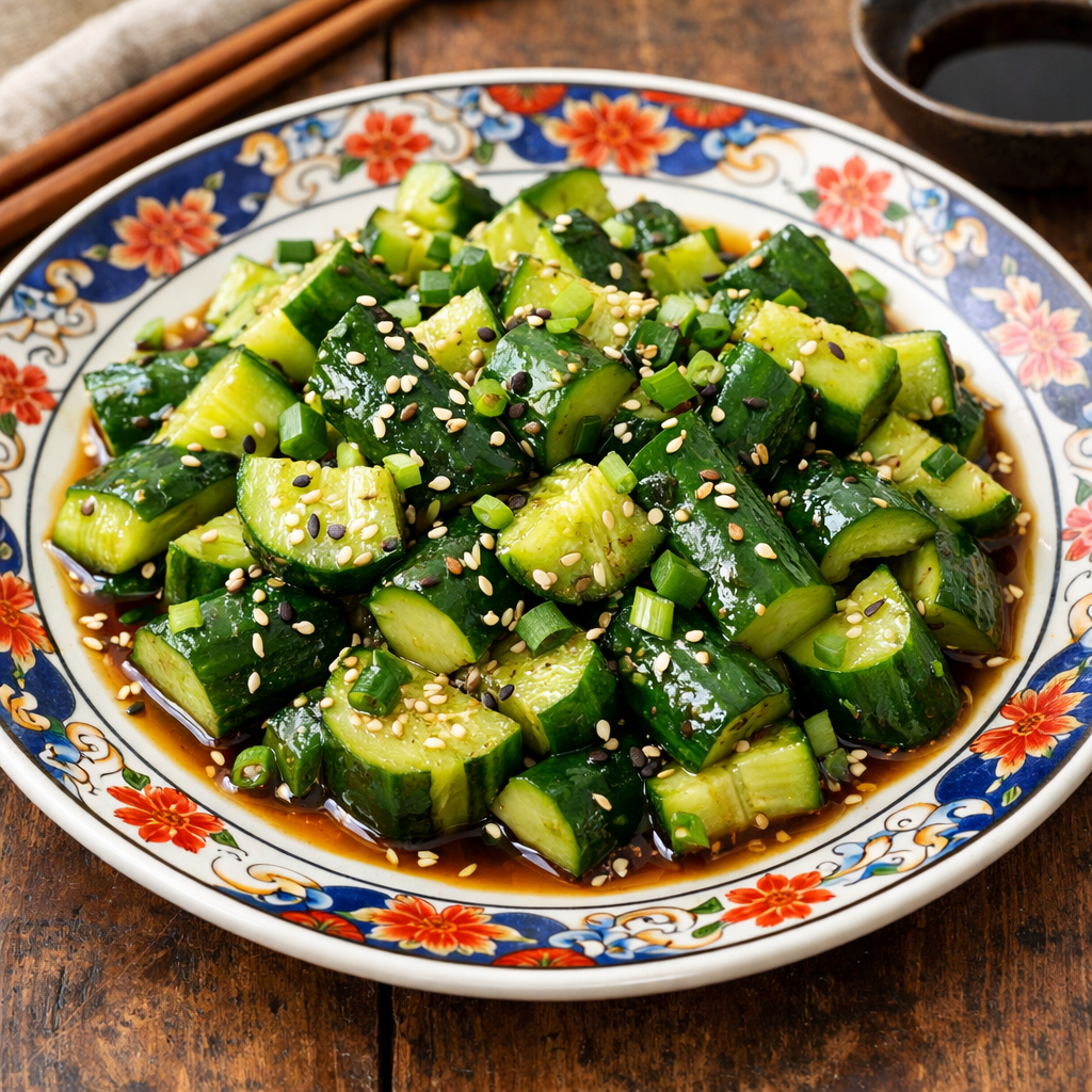 A colorful bowl of Asian-inspired cucumber salad with sesame seeds and green onions.