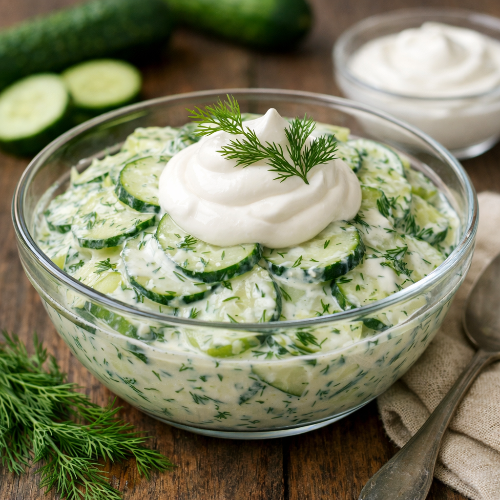 A delicious creamy cucumber and dill salad in a glass bowl, topped with a dollop of creamy dressing and a sprig of dill, with fresh cucumbers in the background.
