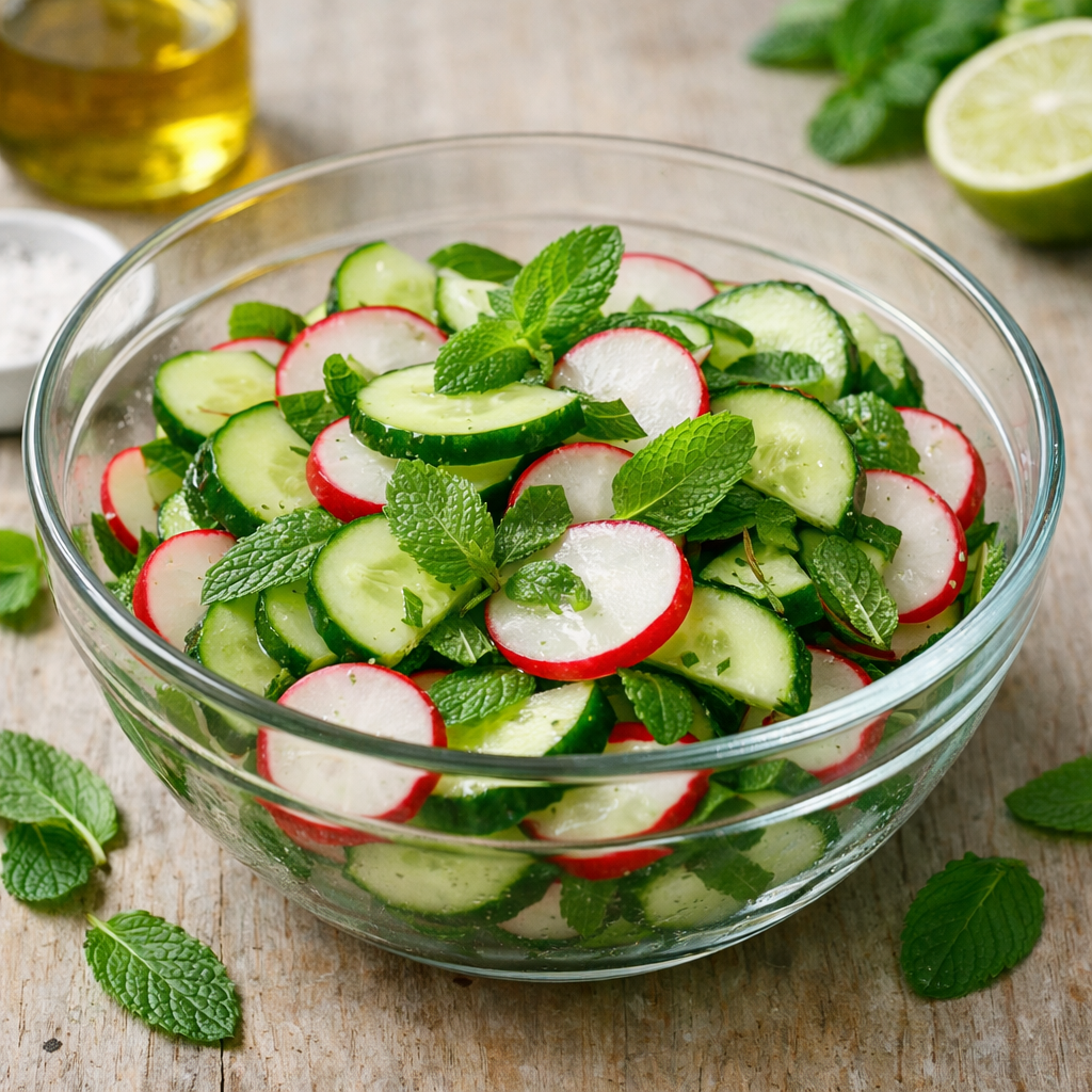 Cucumber and Radish Salad with fresh mint leaves in a glass bowl.