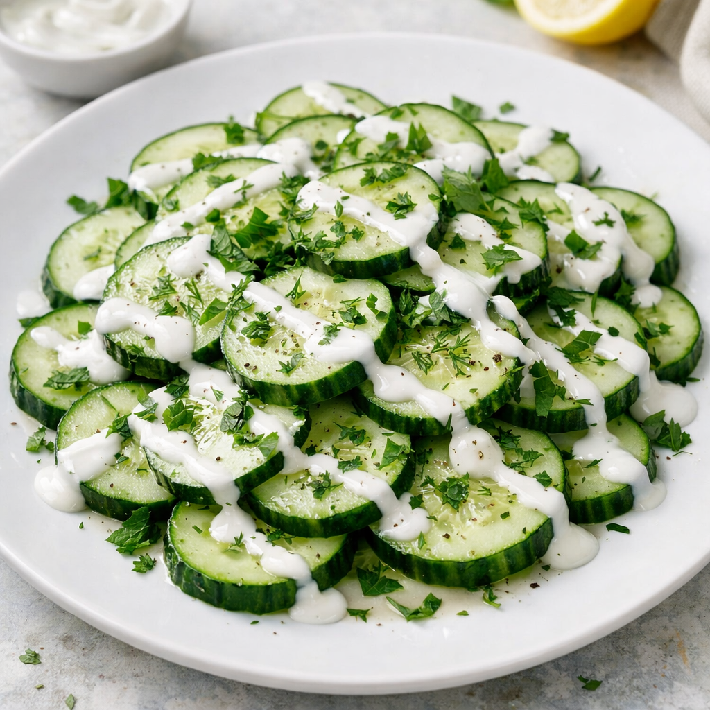 A plate of cucumber salad topped with yogurt dressing and fresh herbs.
