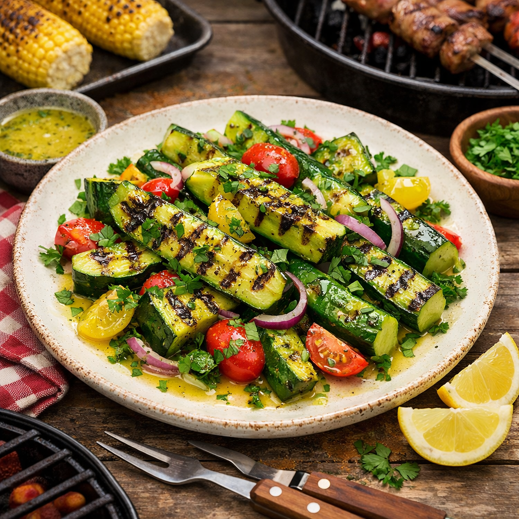 A delicious grilled cucumber salad with cherry tomatoes, red onion, and parsley on a plate, served with lemon wedges.