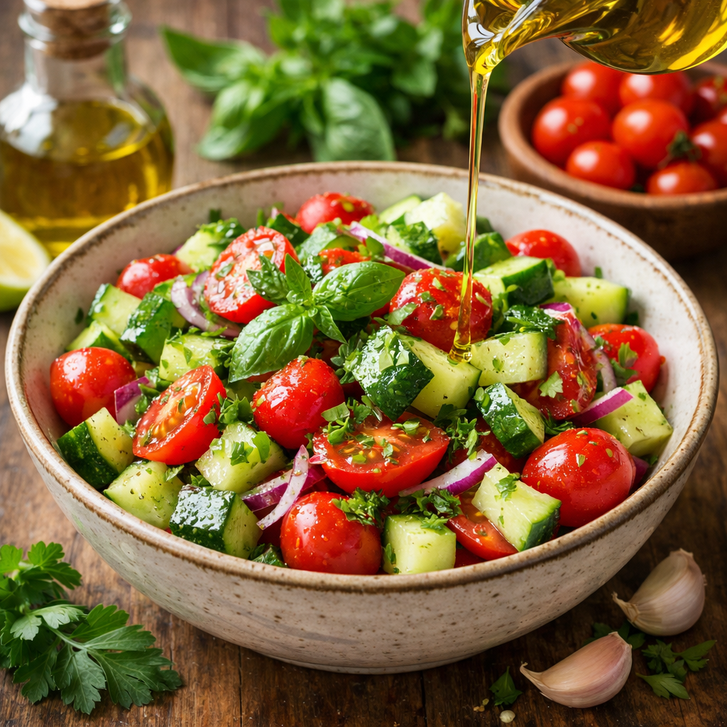 A colorful bowl of cucumber and tomato salad with olive oil being drizzled on top, surrounded by ingredients like basil and cherry tomatoes.