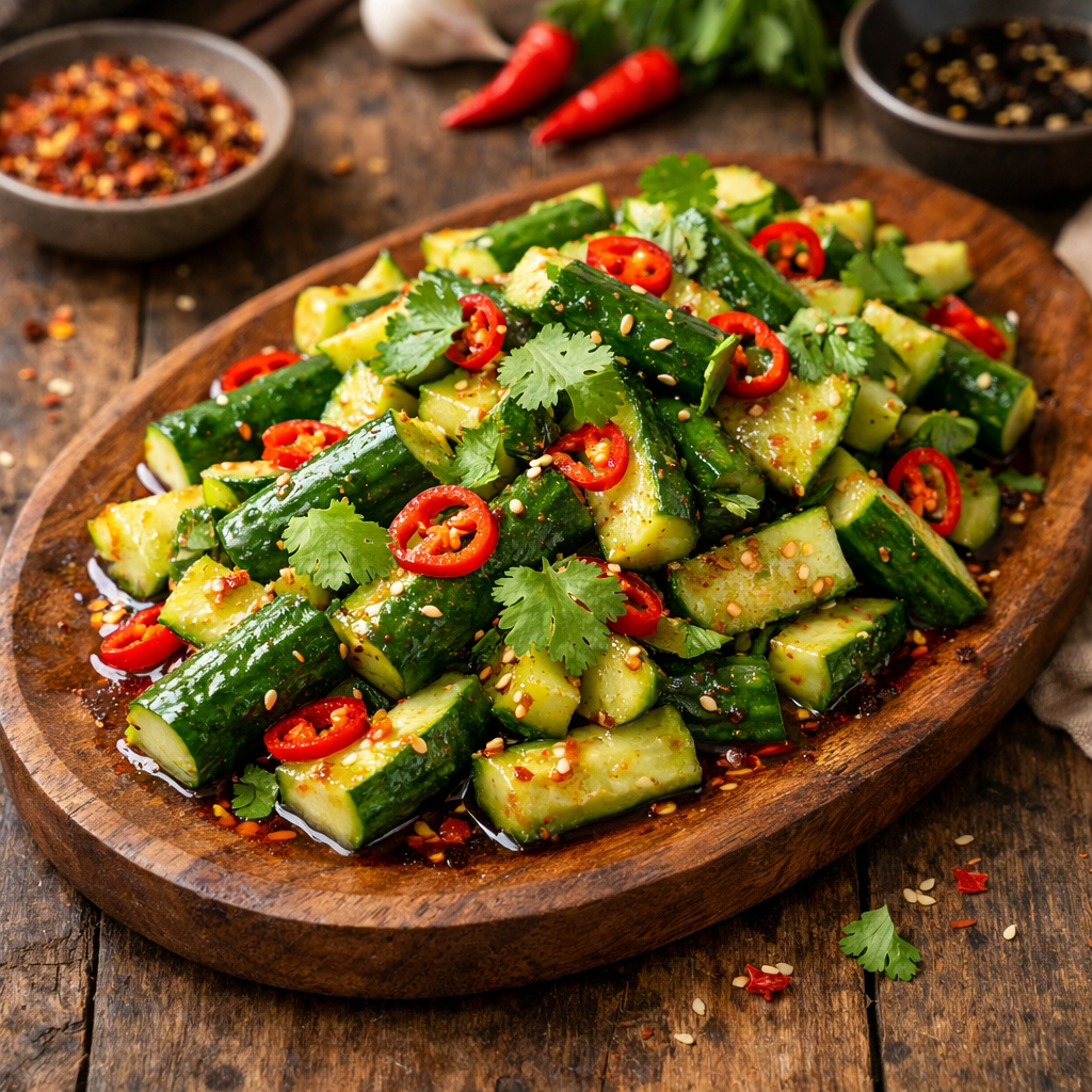 A vibrant spicy cucumber salad garnished with red chilies and coriander.
