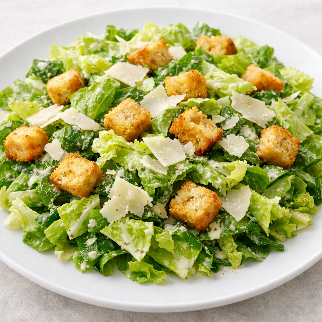 A vibrant Classic Caesar Chopped Salad topped with croutons and Parmesan cheese.