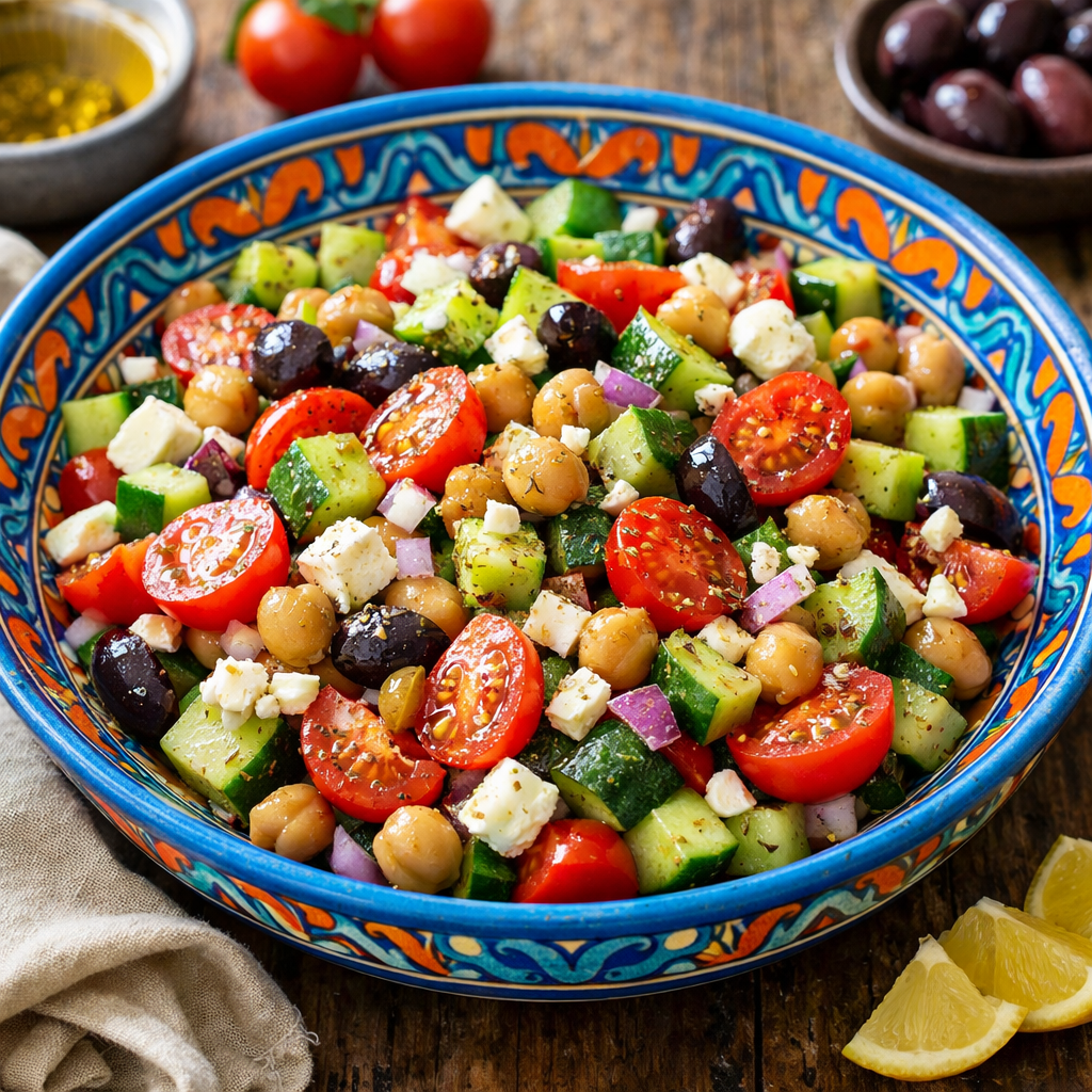 A vibrant Greek chopped salad with chickpeas, featuring diced cucumbers, cherry tomatoes, Kalamata olives, and crumbled feta in a beautiful bowl.