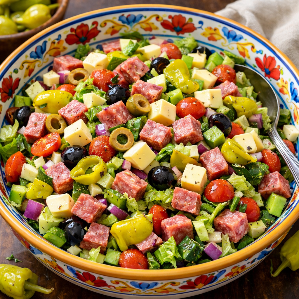 A colorful Italian Chopped Antipasto Salad with meats, cheeses, and vegetables.