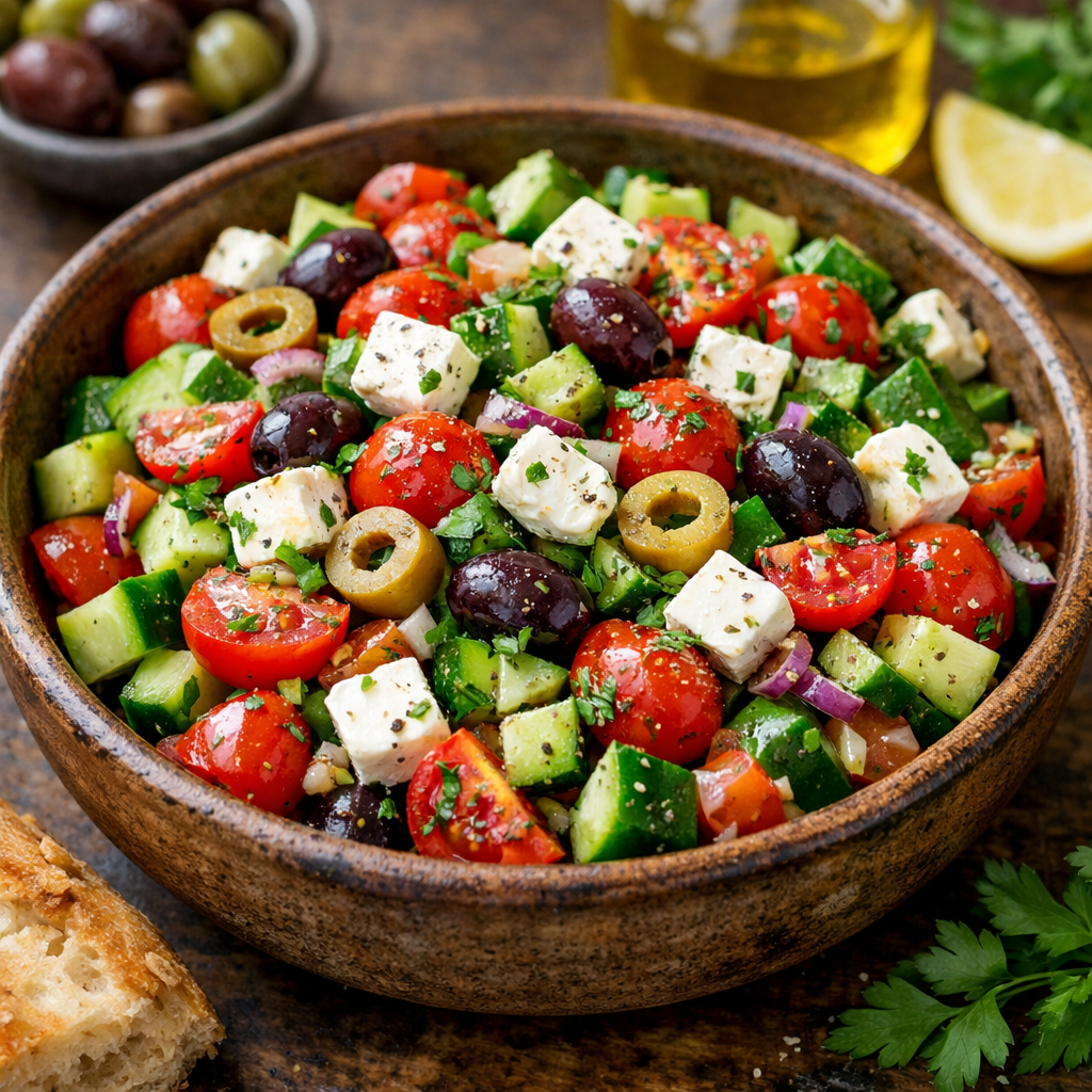 A colorful Mediterranean chopped salad with tomatoes, cucumbers, feta cheese, and olives.