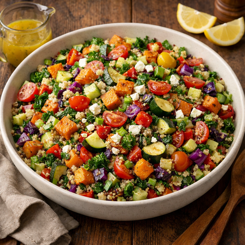 A vibrant quinoa and roasted vegetable chopped salad with various colorful ingredients