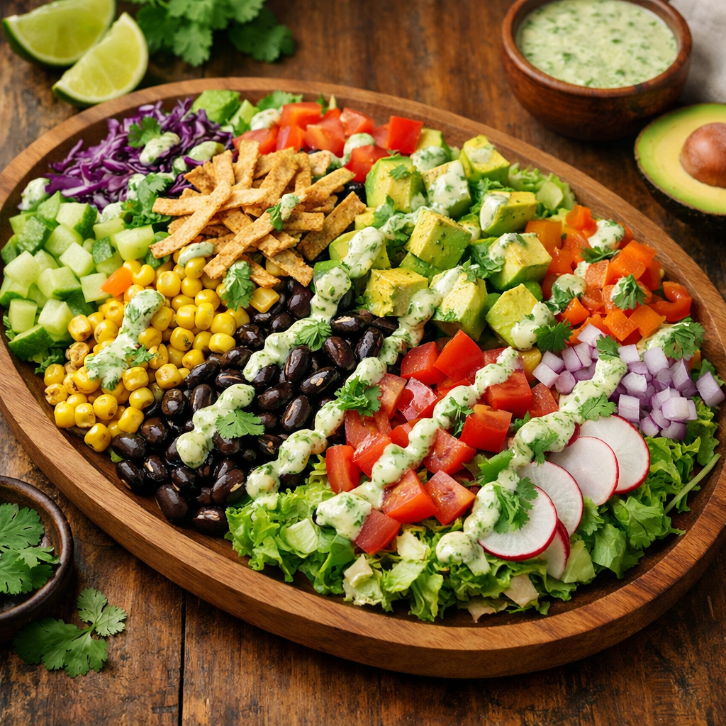 A vibrant Southwestern chopped salad featuring lettuce, avocado, cherry tomatoes, black beans, corn, and topped with crispy tortilla strips, served with a creamy dressing.