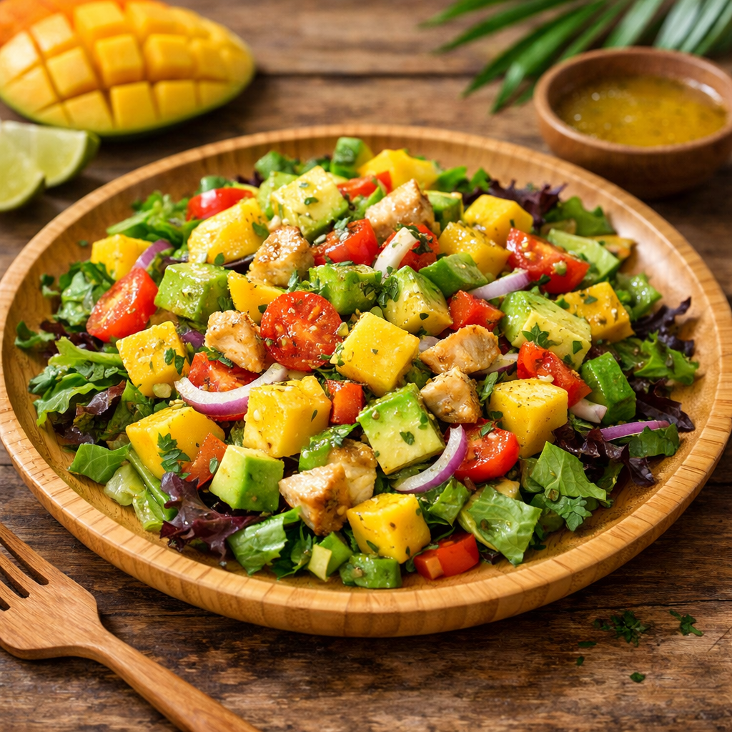 Tropical Chopped Salad with Mango on a wooden plate.