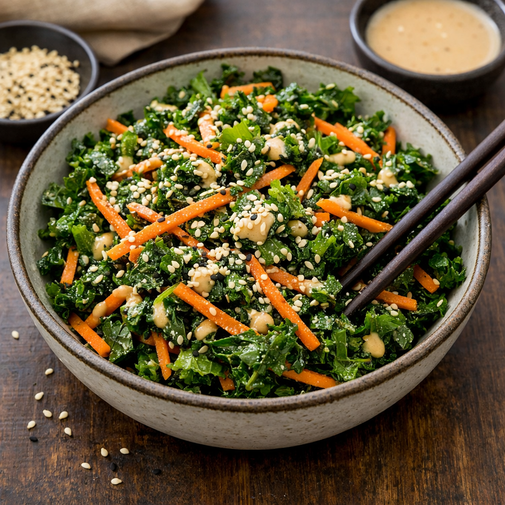 A bowl of Asian-Inspired Kale Salad with sesame dressing, garnished with sesame seeds and carrot strips.