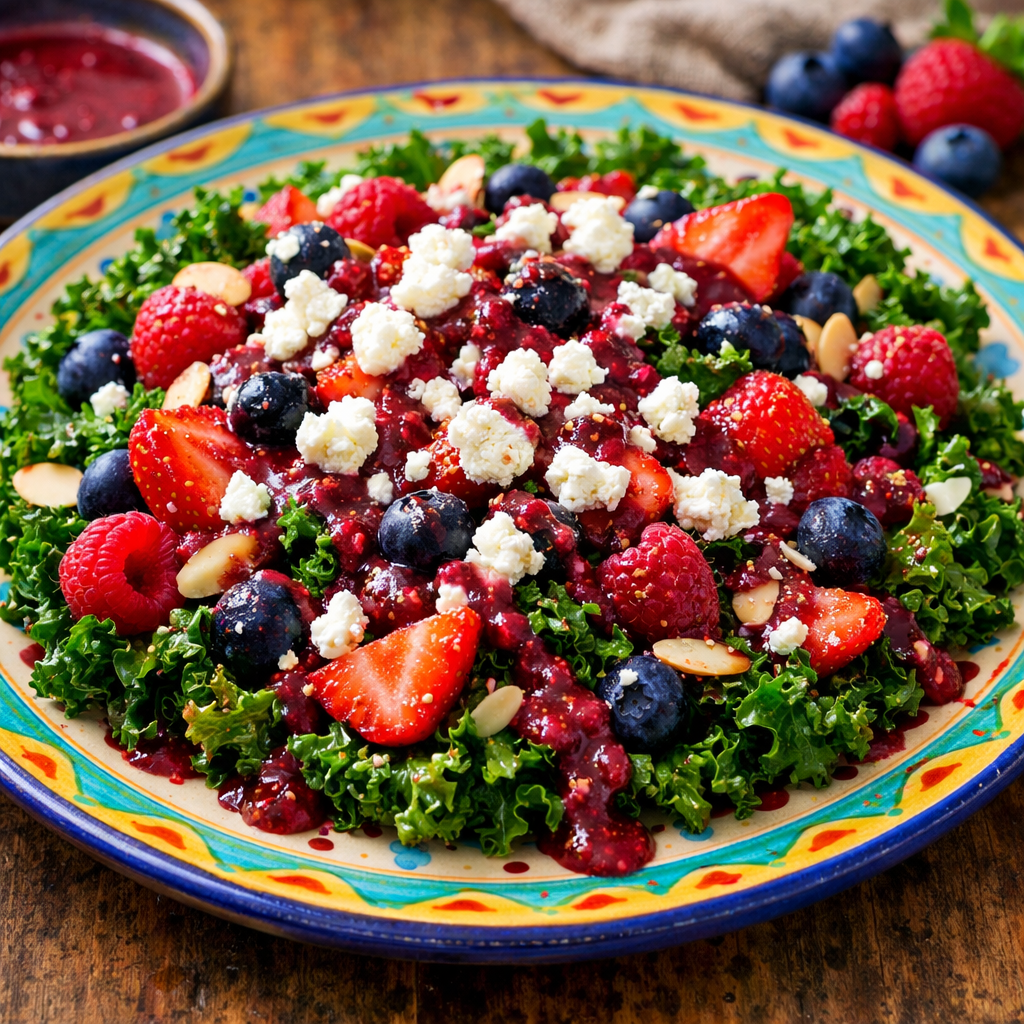A vibrant kale salad with strawberries, blueberries, raspberries, goat cheese, and slivered almonds on a colorful plate.