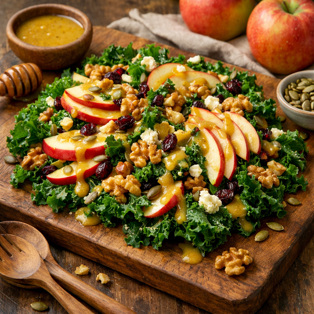 A vibrant kale salad topped with apple slices, walnuts, and cranberries on a wooden board, with a honey dressing in a small bowl.
