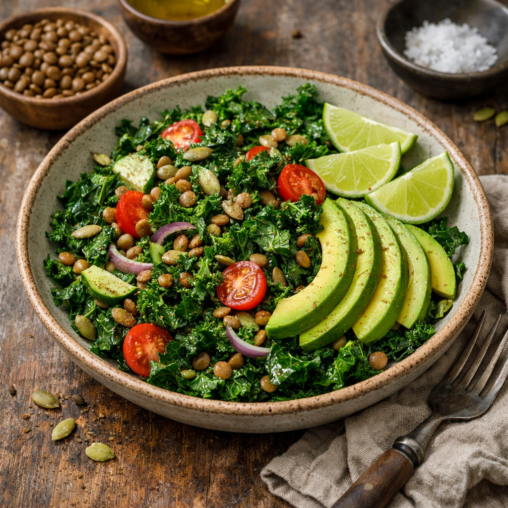 A colorful kale salad with lentils, avocado, cherry tomatoes, and lime slices in a bowl.