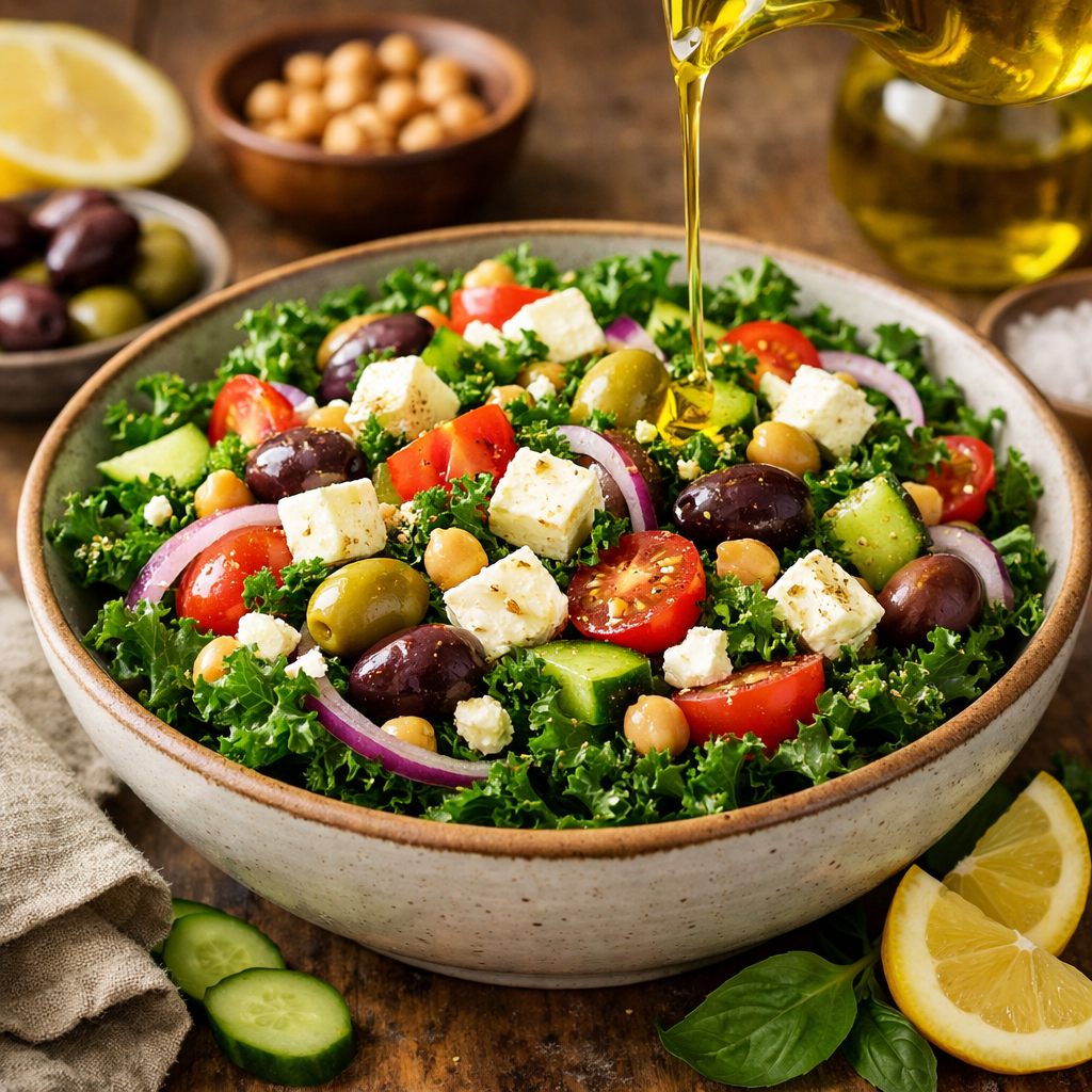 A vibrant bowl of Mediterranean kale salad with feta, olives, and fresh vegetables, drizzled with olive oil.