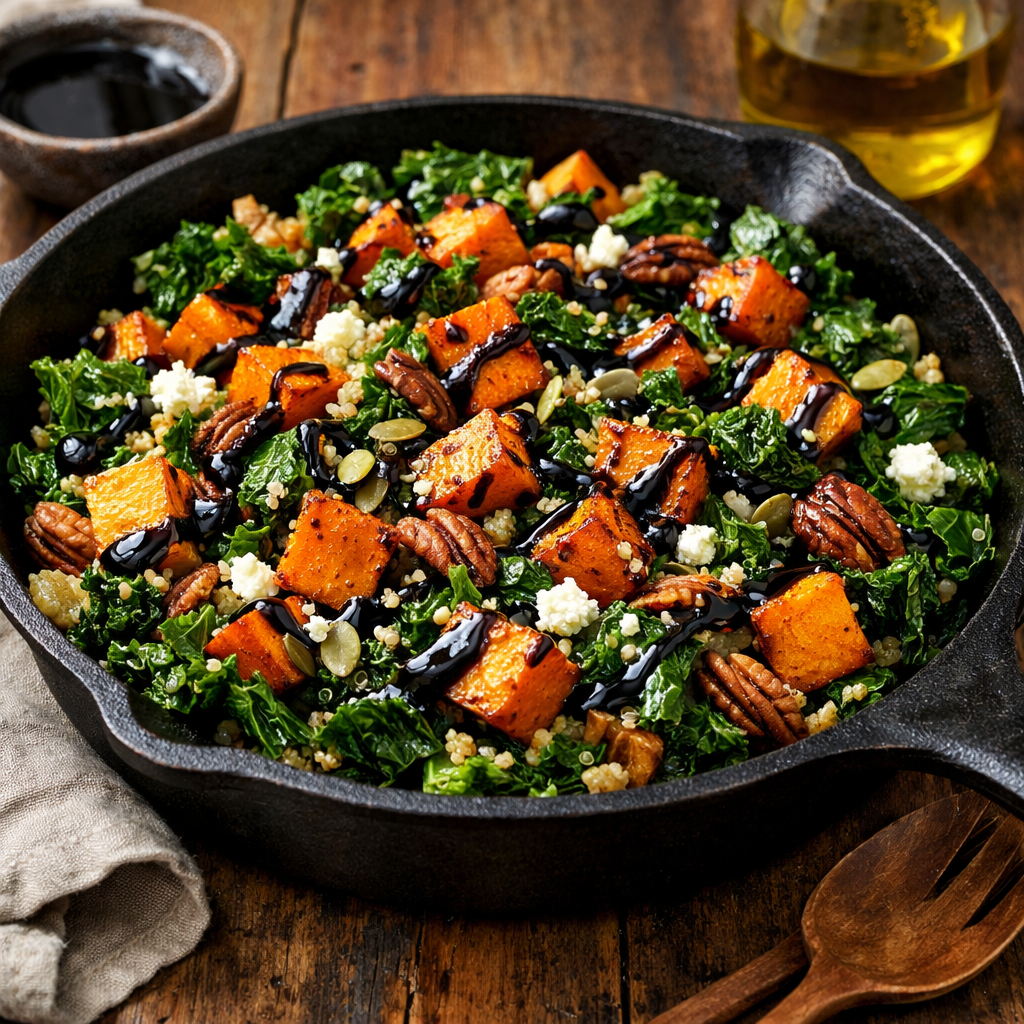 A warm kale salad with roasted sweet potatoes, pecans, and a balsamic glaze, served in a skillet.