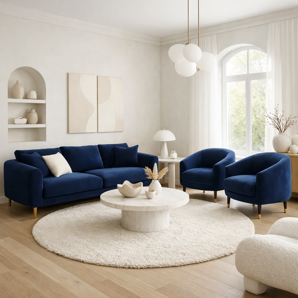 A stylish living room featuring bold navy furniture, including a navy sofa and accent chairs, with a round marble coffee table.
