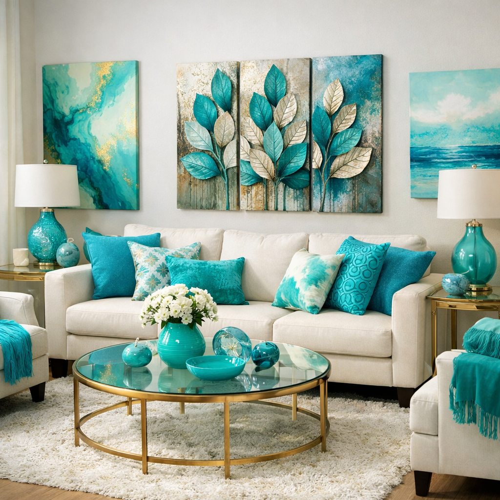 A bright turquoise themed living room featuring soft beige furniture and vibrant turquoise decor elements.