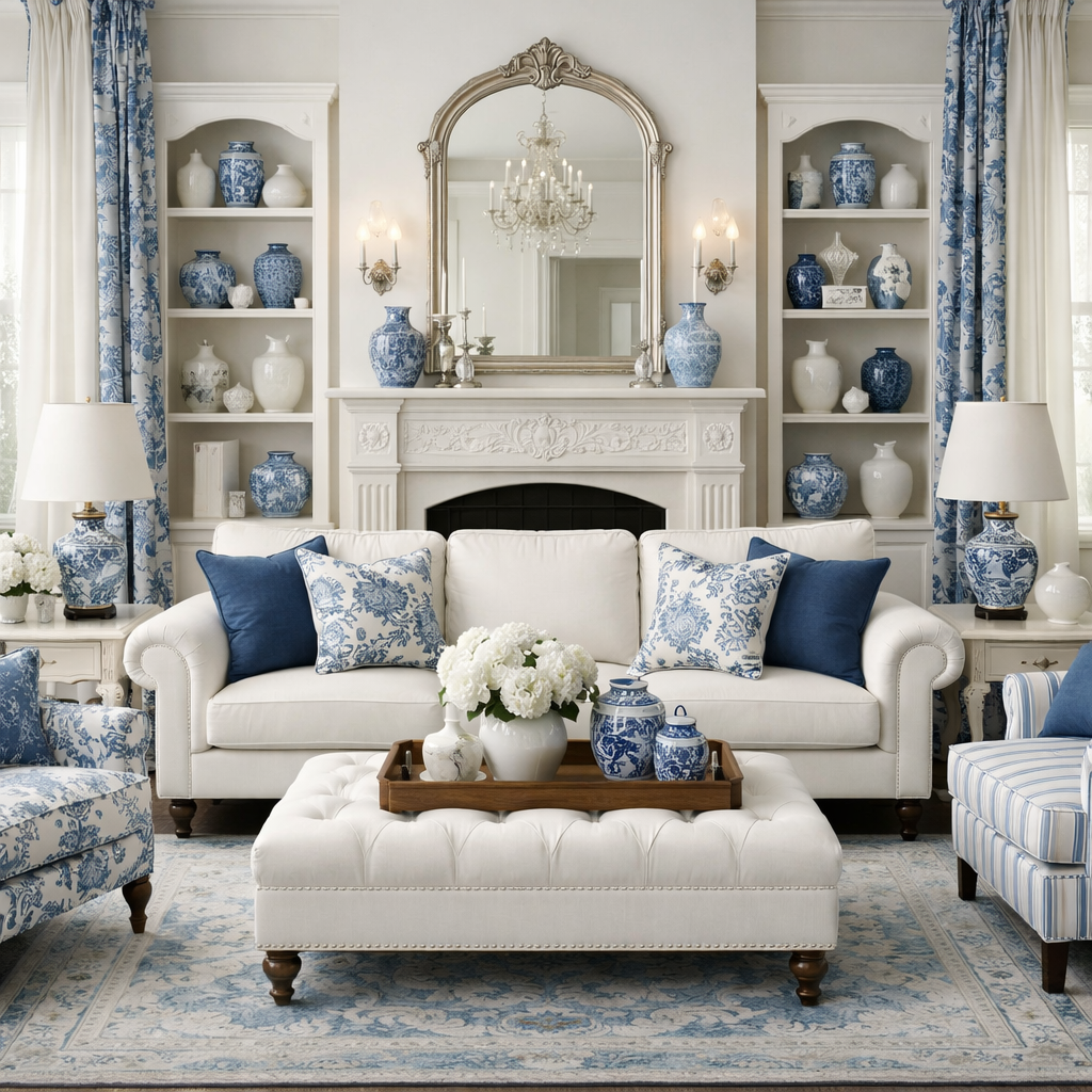 Living room featuring a classic blue and white color palette with white furniture and blue accents
