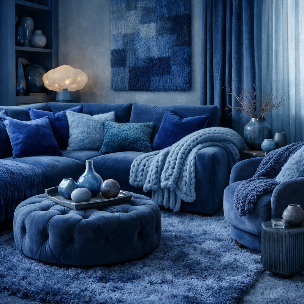 Cozy blue living room with layered textures, featuring a blue sofa, various pillows, a shaggy rug, and decorative vases.