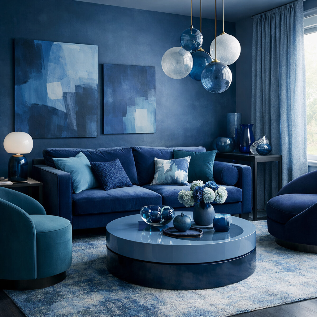 A stylish blue living room featuring a navy sofa, blue accents, and art.