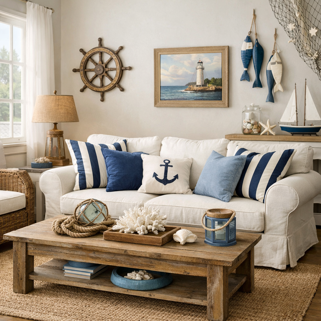 A cozy nautical-inspired living room featuring a white sofa with blue pillows, a wooden coffee table, and nautical decor