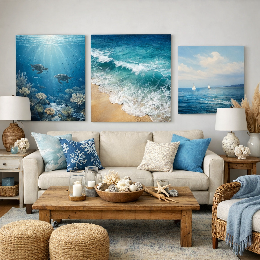 A blue living room featuring ocean-inspired artwork with turtles, waves, and sailboats.