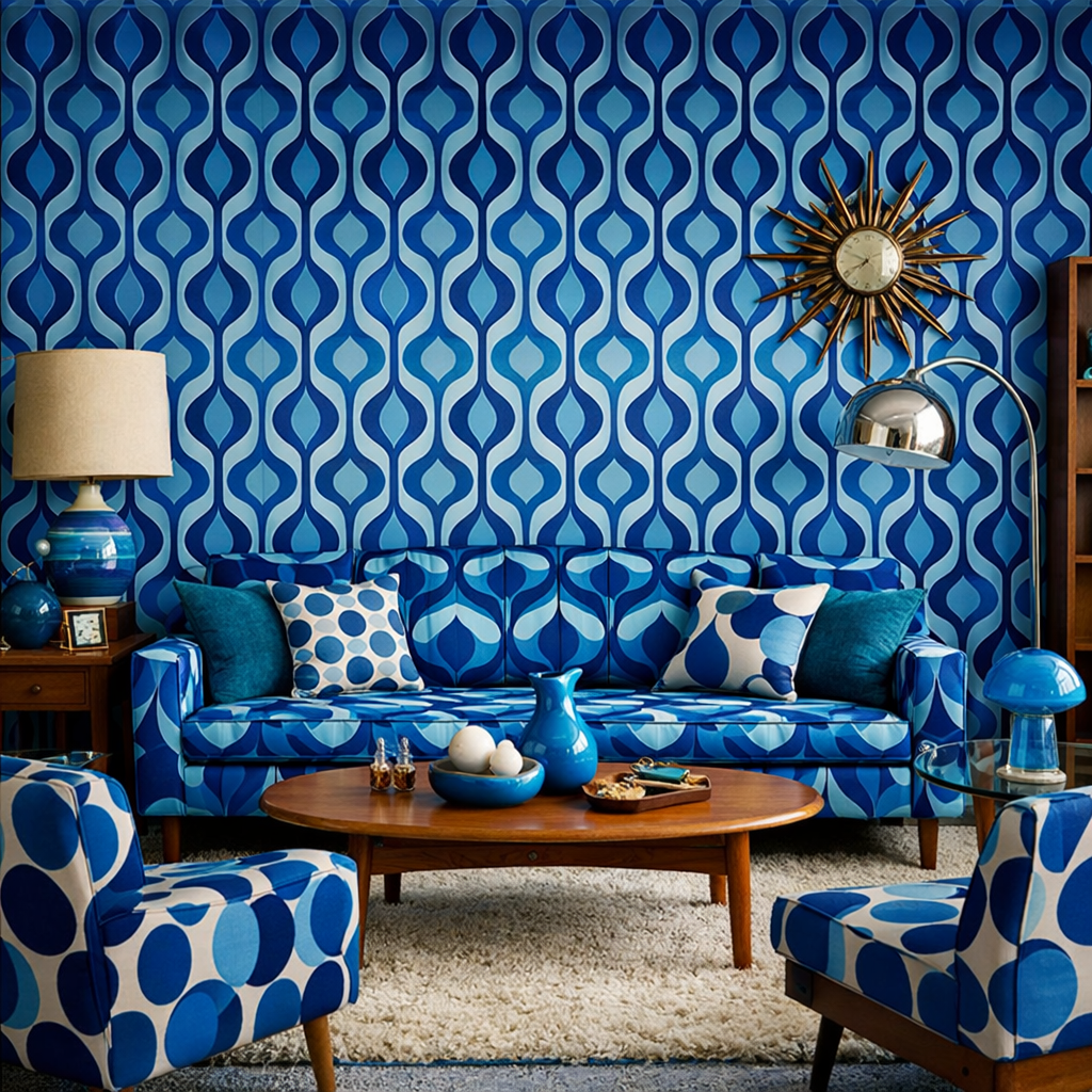 Retro blue patterned living room featuring patterned couch, wallpaper, and decor