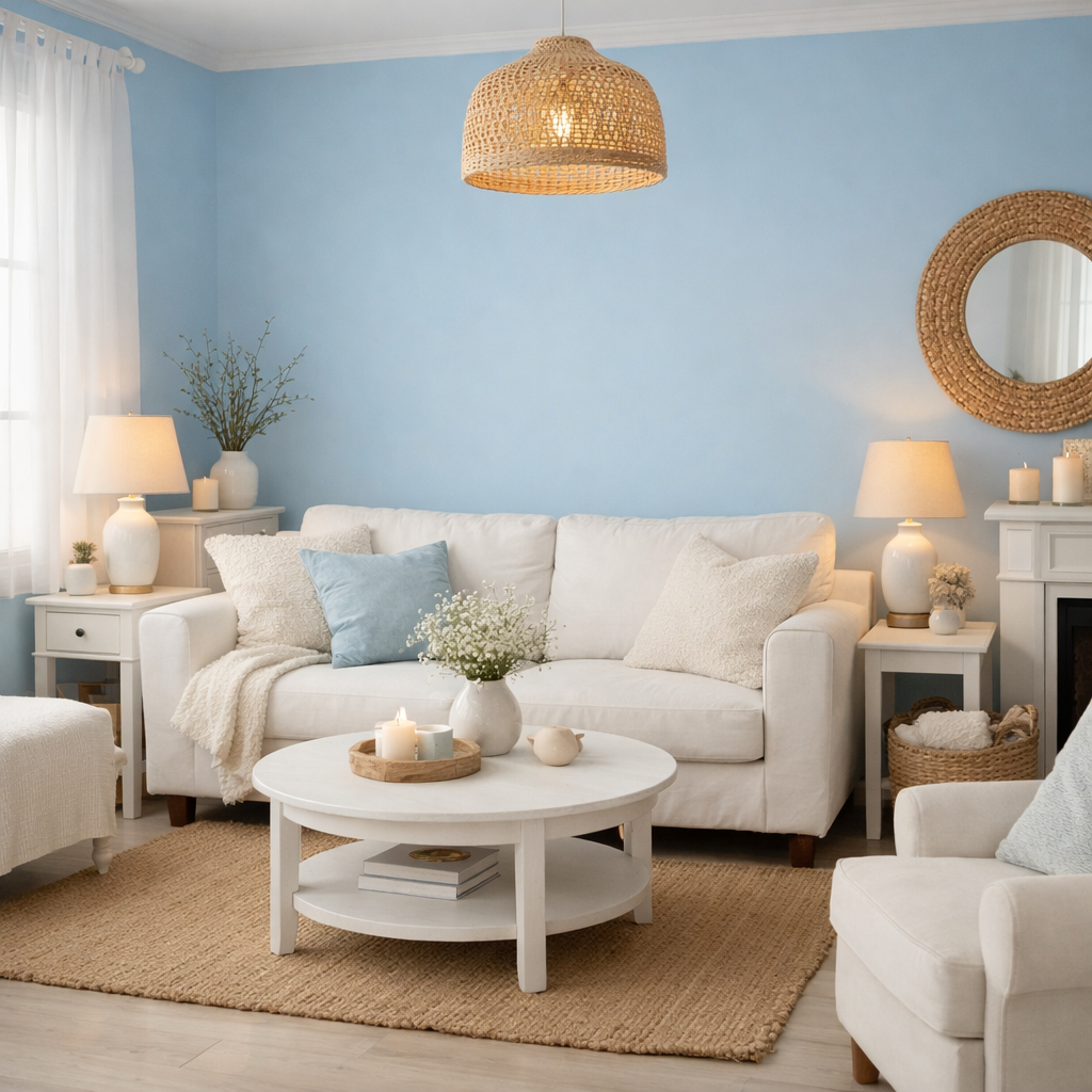 A cozy living room with sky blue walls, white furniture, and warm lighting.