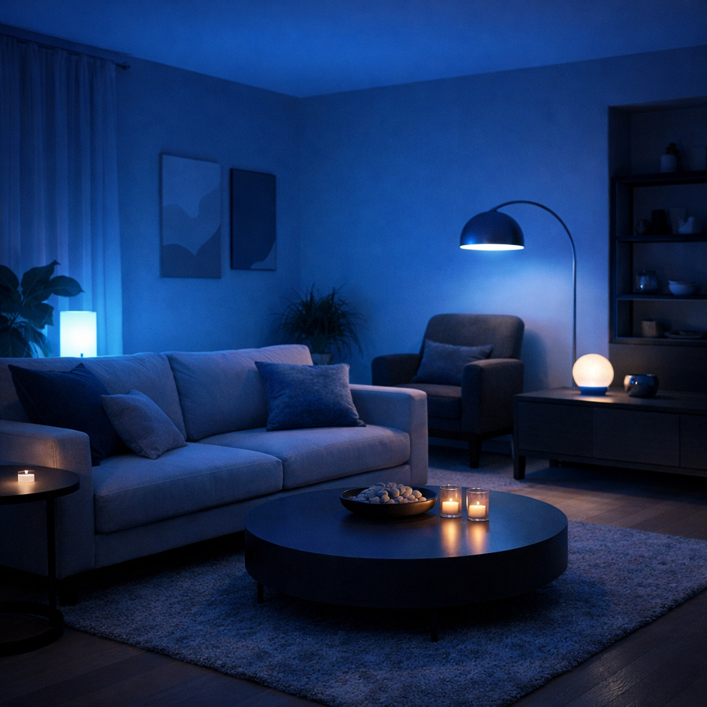A softly lit blue living room with comfortable seating, a modern floor lamp, and decorative candles.