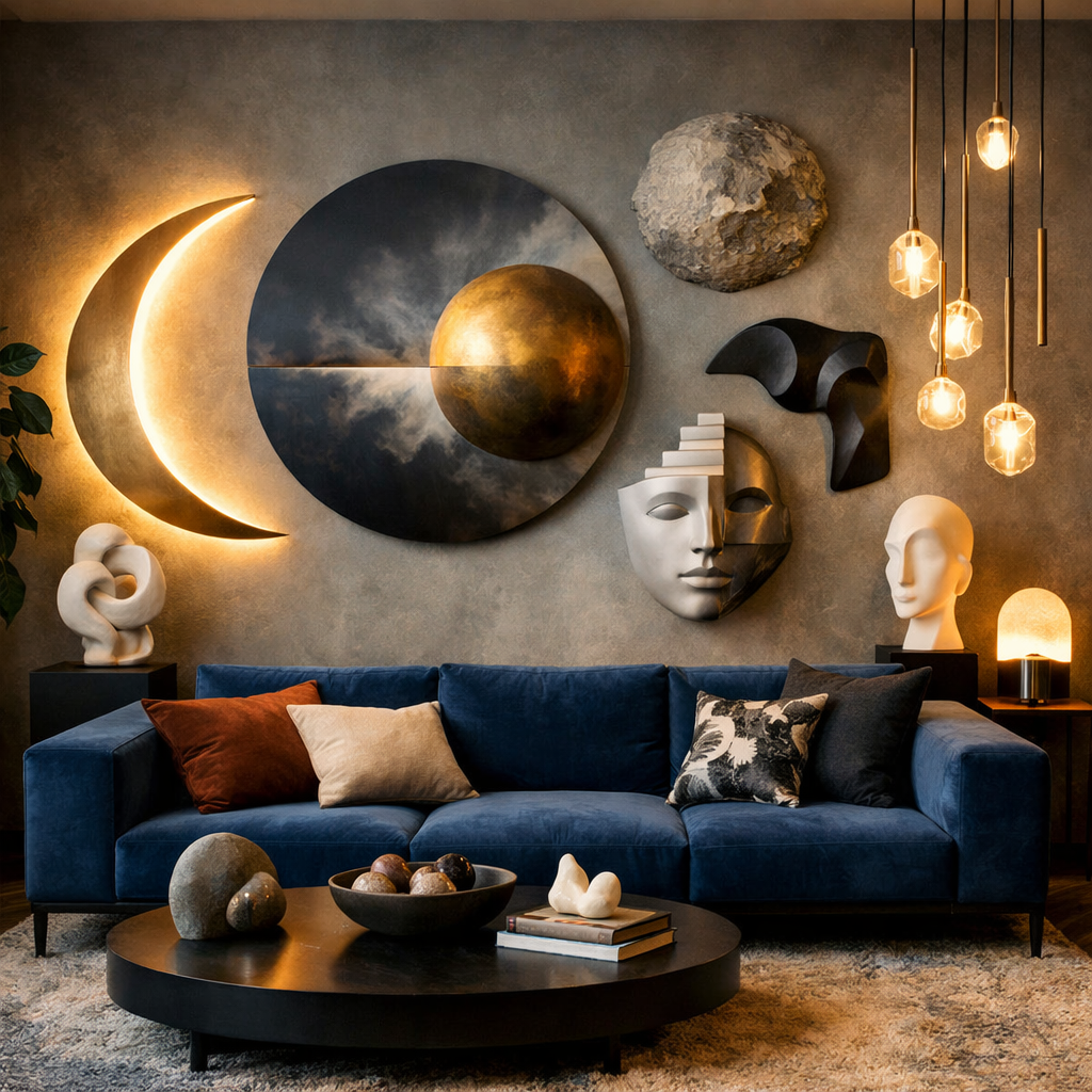 Living room featuring a blue couch with artistic decorations on the wall and decor items on the table.