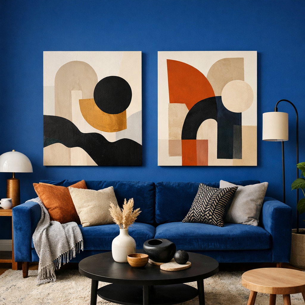 A stylish living room featuring a blue couch and bold accent wall art in complementary colors.