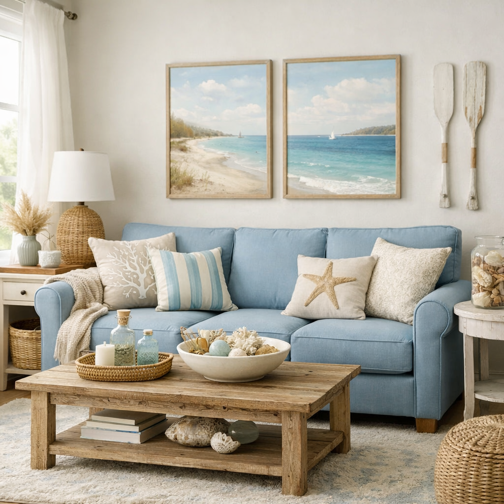 A cozy living room featuring a blue couch with coastal decor.