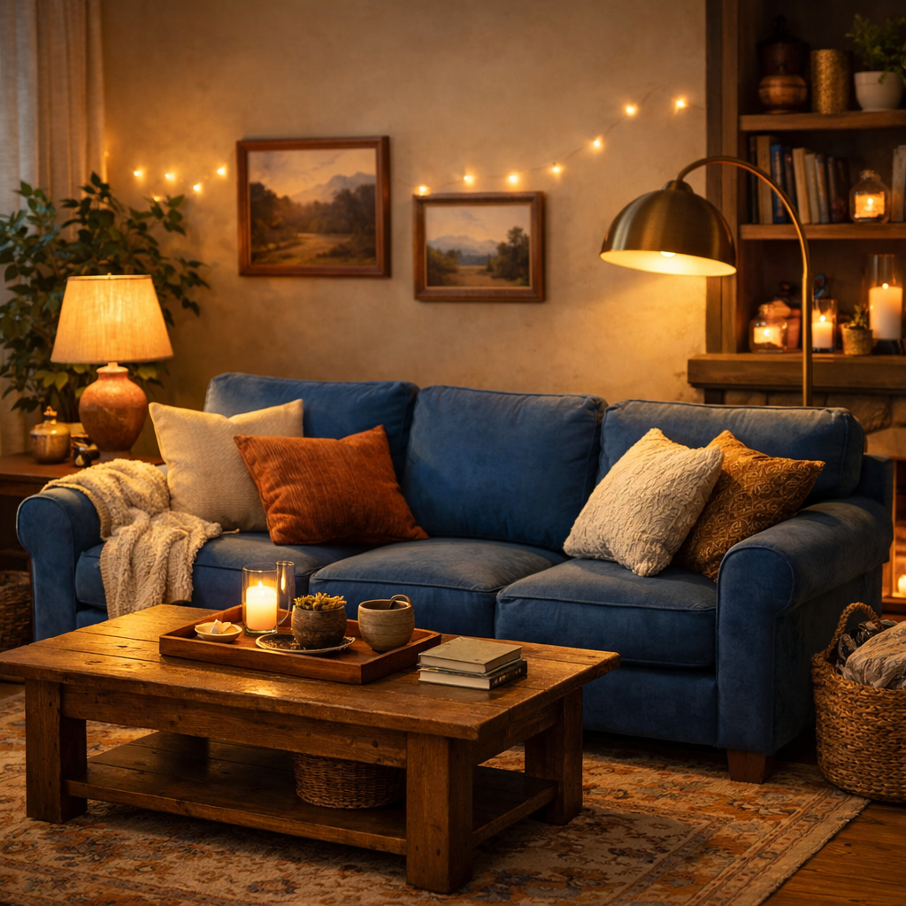 A cozy living room featuring a blue couch, warm lighting, and decorative accessories.